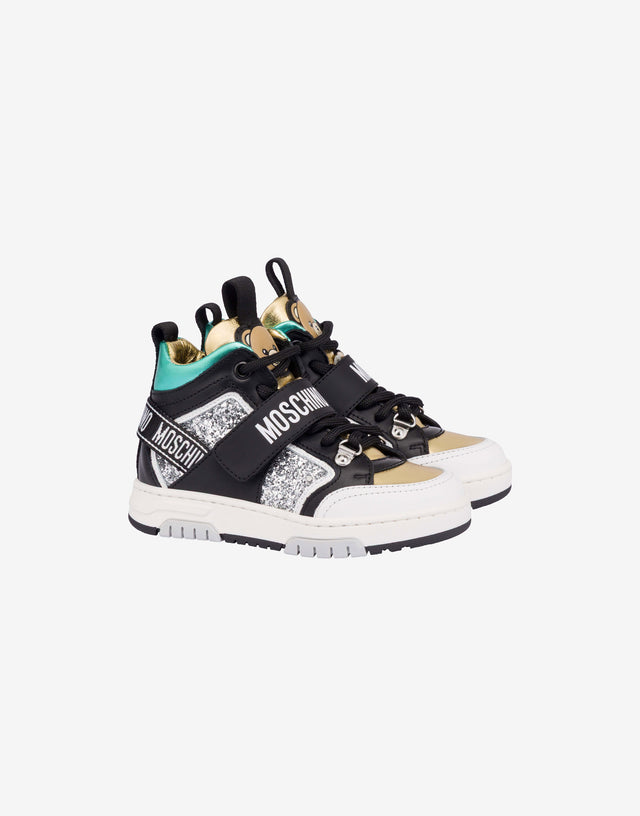 Turnschuhe aus Nappaleder und Glitzer Schwarz Moschino 0