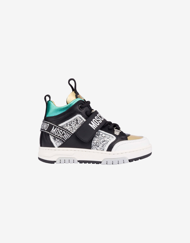 Turnschuhe aus Nappaleder und Glitzer Schwarz Moschino 1