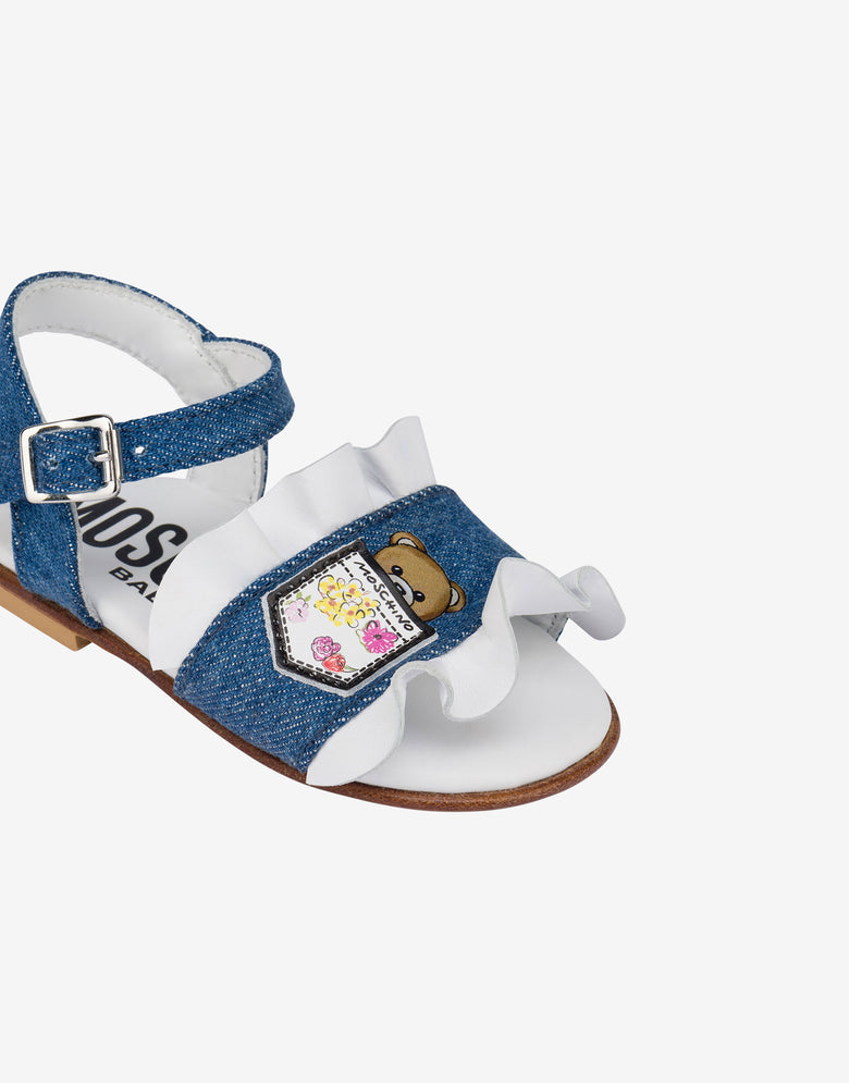 Sandales plates en denim à volants Bleu Moschino 3