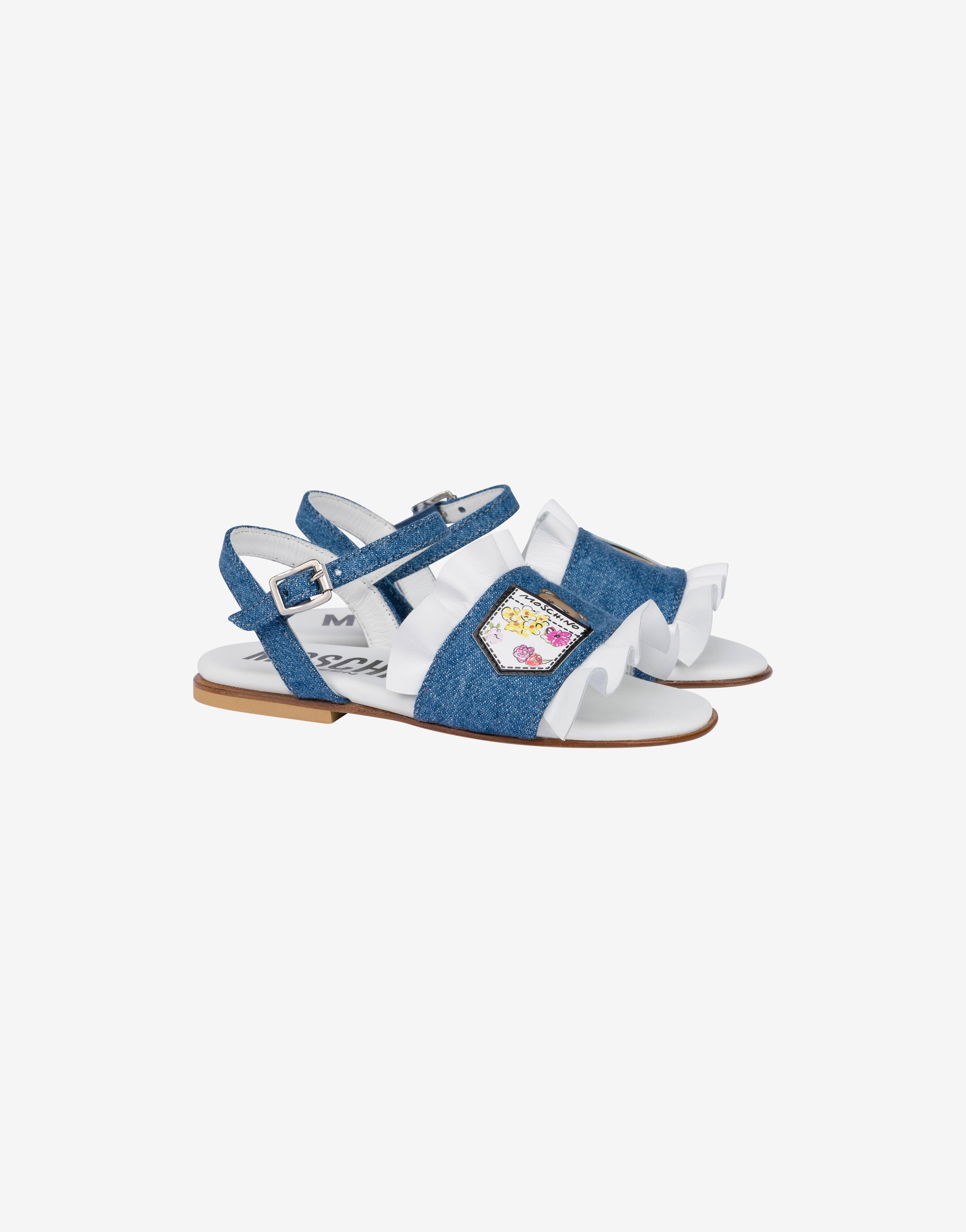 Flat denim sandals with ruffles