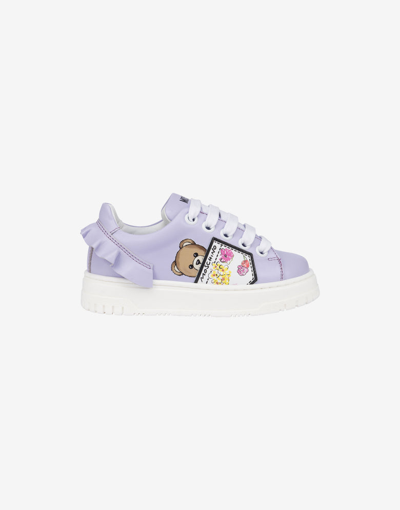 Sneakers in pelle con rouches Viola chiaro Moschino 1
