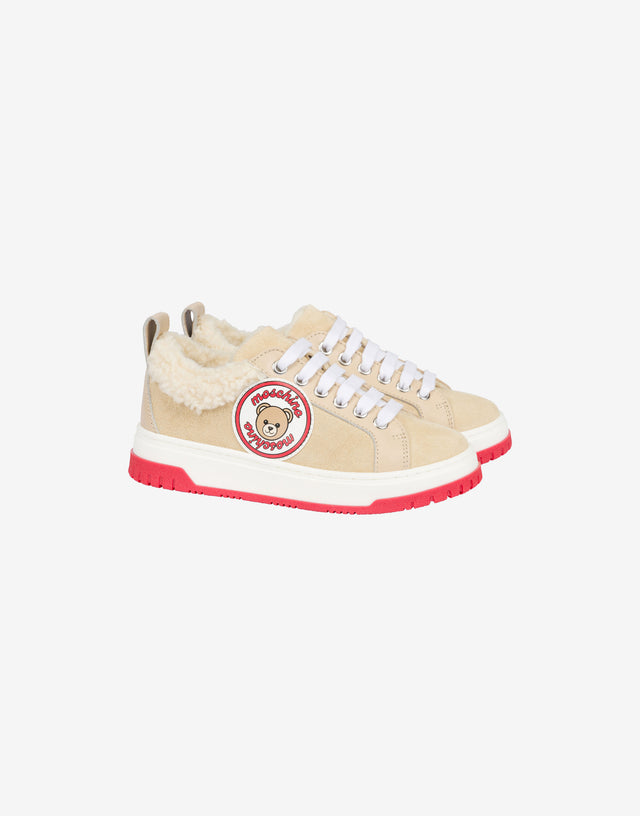 Teddy Bear Leather and Suede Sneakers Cream yellow Moschino 0