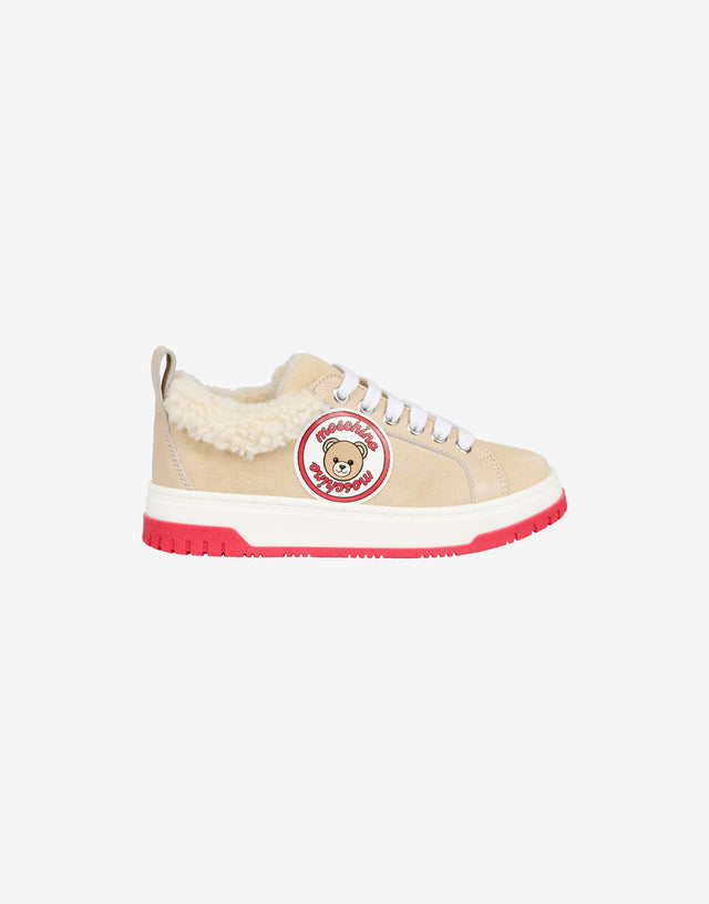 Teddy Bear Leather and Suede Sneakers Cream yellow Moschino 1