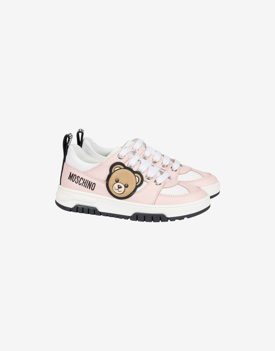 Baskets en cuir de veau imprimé avec un patch « Teddy » Rose clair Moschino 0