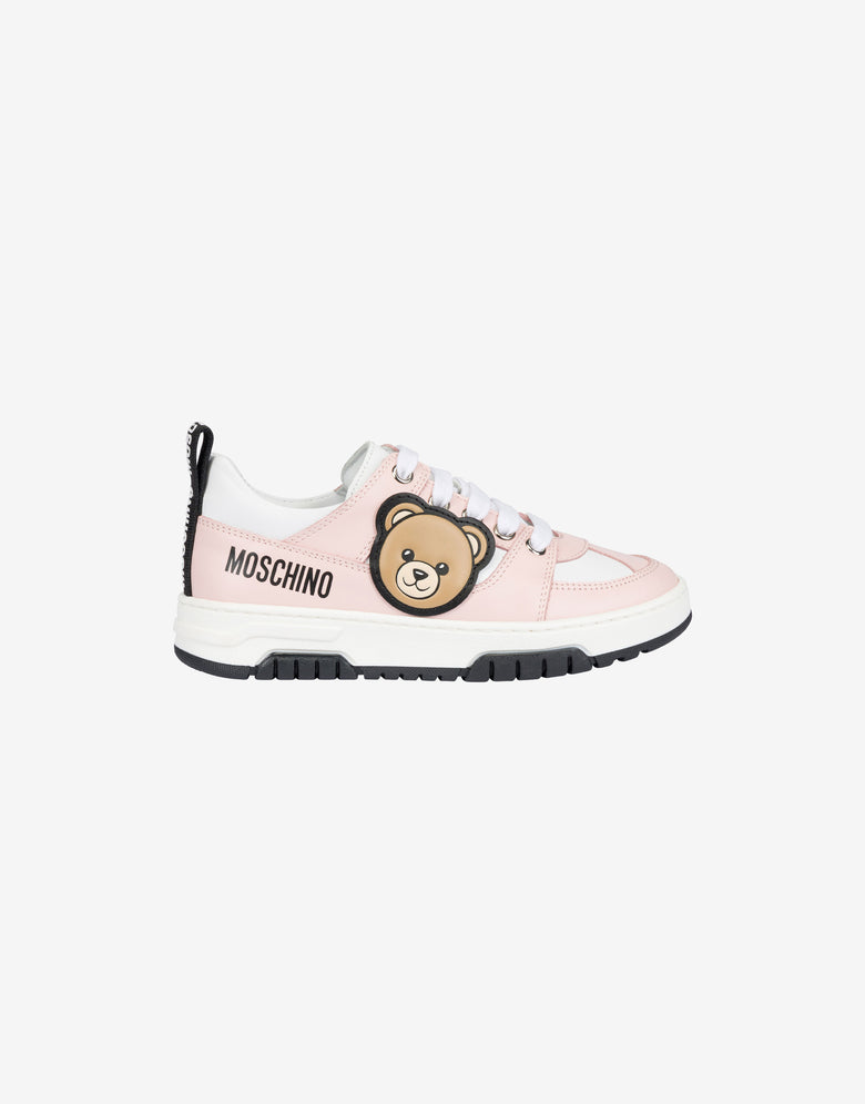 Baskets en cuir de veau imprimé avec un patch « Teddy » Rose clair Moschino 1