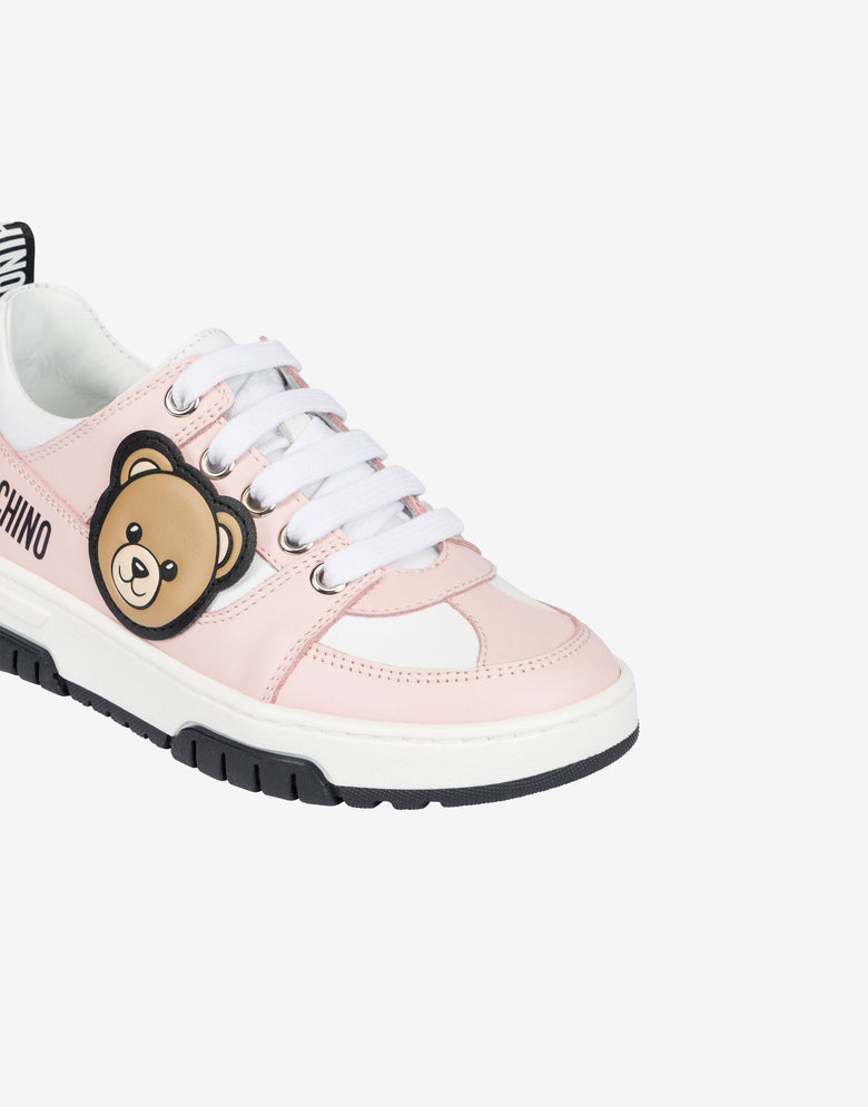 Baskets en cuir de veau imprimé avec un patch « Teddy » Rose clair Moschino 3