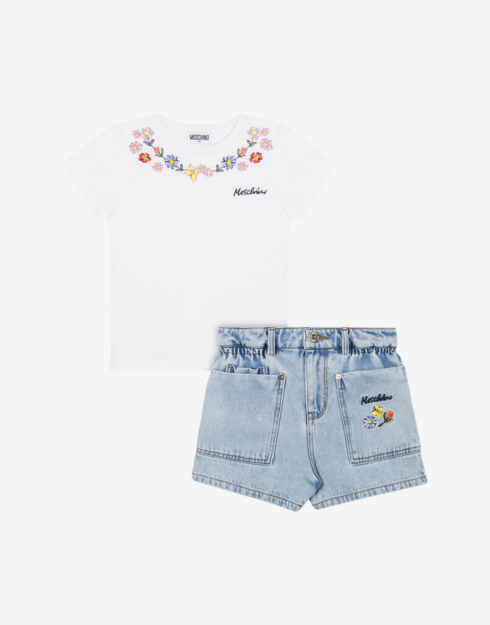 T-shirt and shorts set Flowers Embroidery Blue Denim Moschino 0