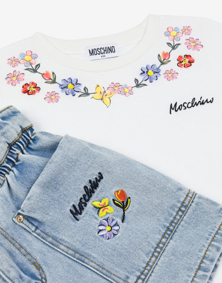 T-shirt and shorts set Flowers Embroidery Blue Denim Moschino 2