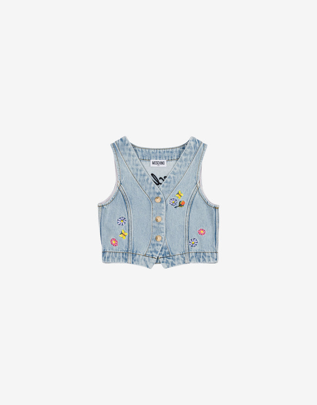 Chaleco vaquero bordado de flores Denim claro Moschino 0
