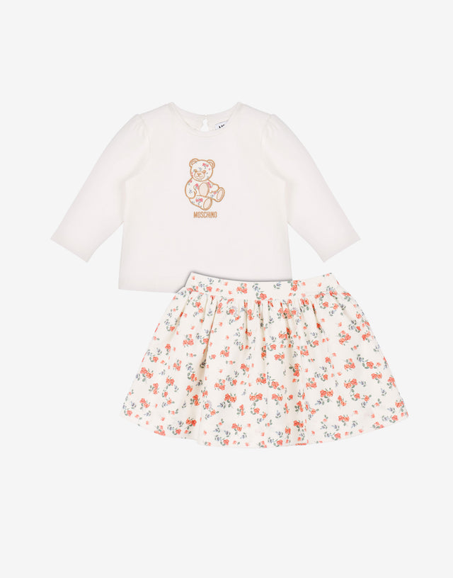 Cotton jersey t-shirt and printed velvet skirt suit White Moschino 0