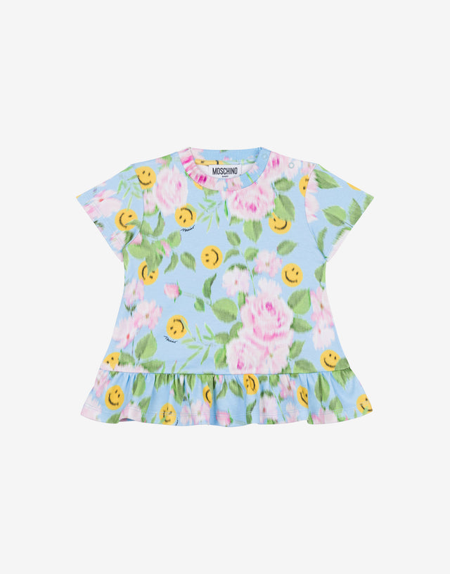 笑脸与玫瑰纯棉联体连衣裙 绿松石色 Moschino 0