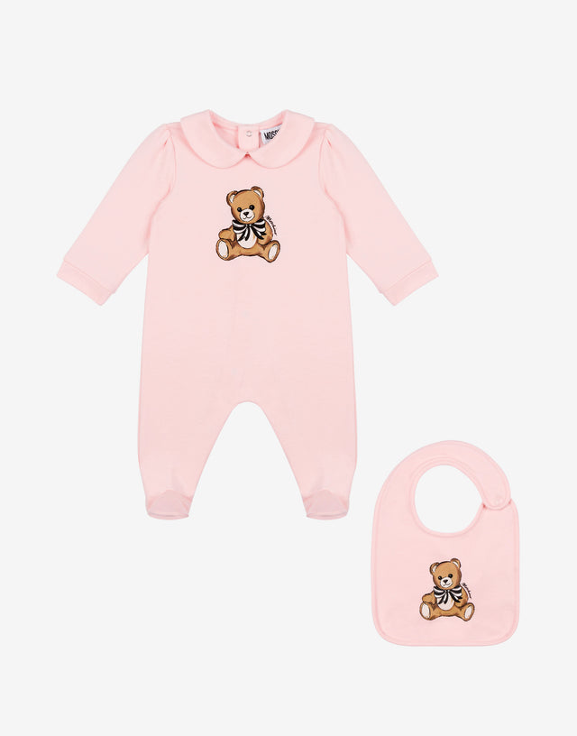 Set tutina e bavaglino in felpa di cotone Moschino Teddy Bear Rosa confetto Moschino 0