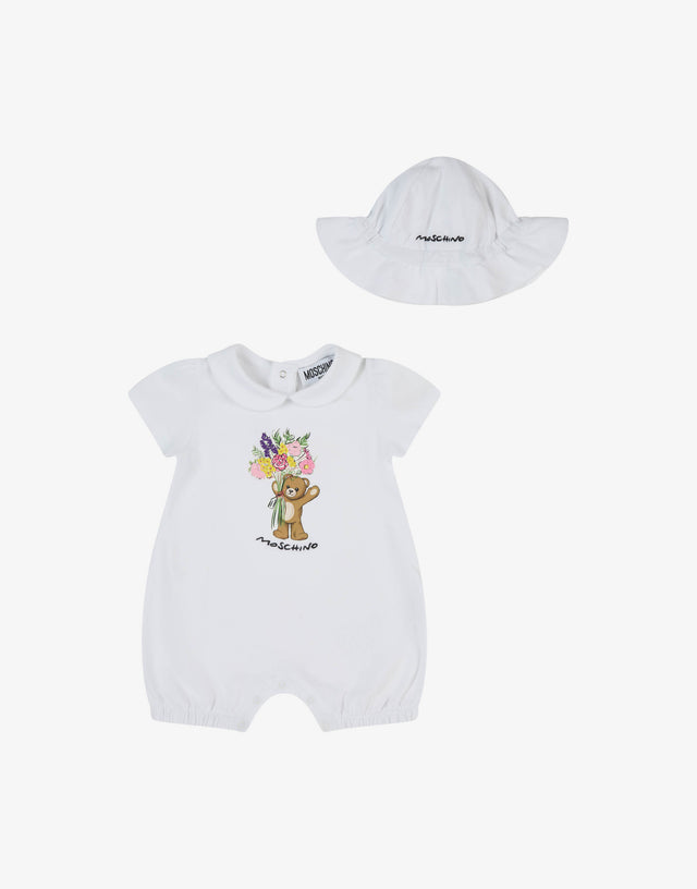 Cotton piqué romper and hat set White Moschino 0