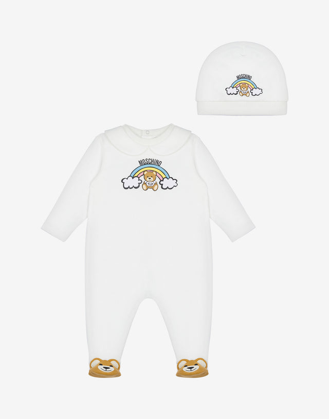 泰迪熊毛绒连体衣和帽子套装 白色 Moschino 0