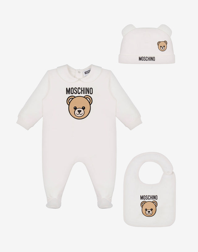 Set tutina, cappello e bavaglino in felpa di cotone Moschino Teddy Bear Bianco Moschino 0