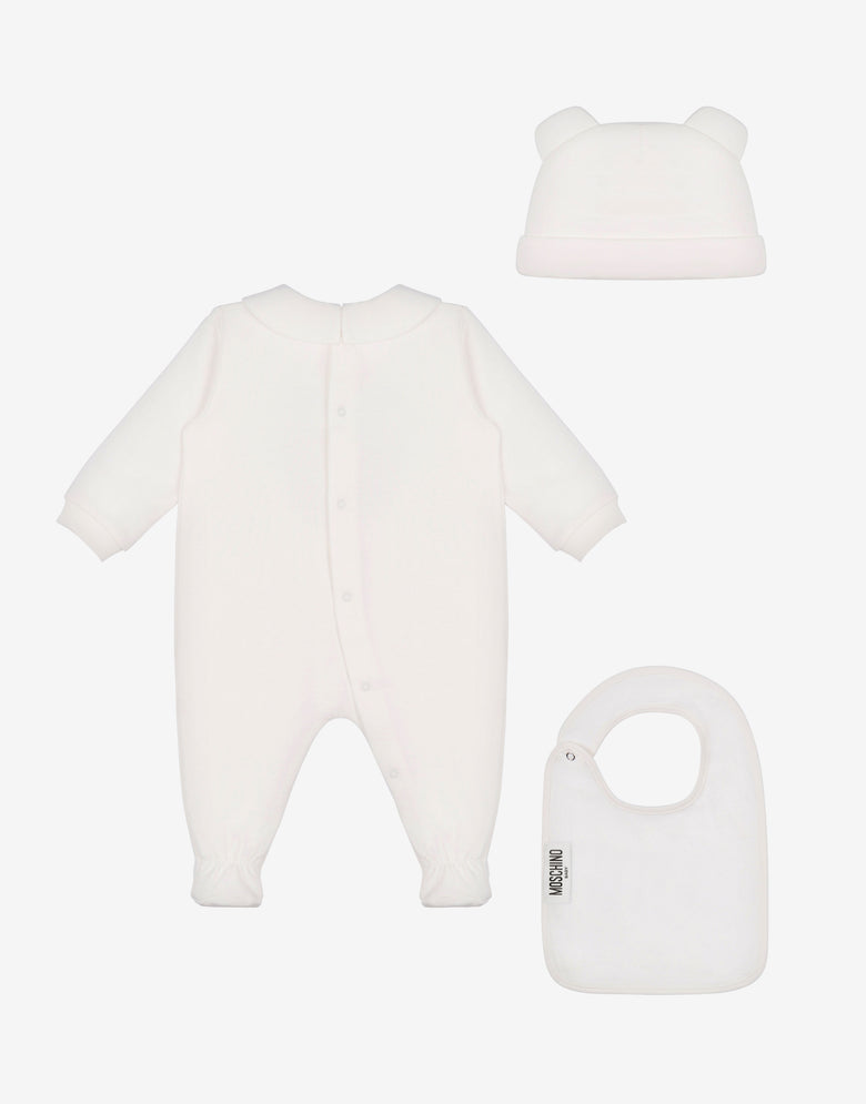 Moschino Teddy Bear cotton plush romper, hat and bib set White Moschino 1