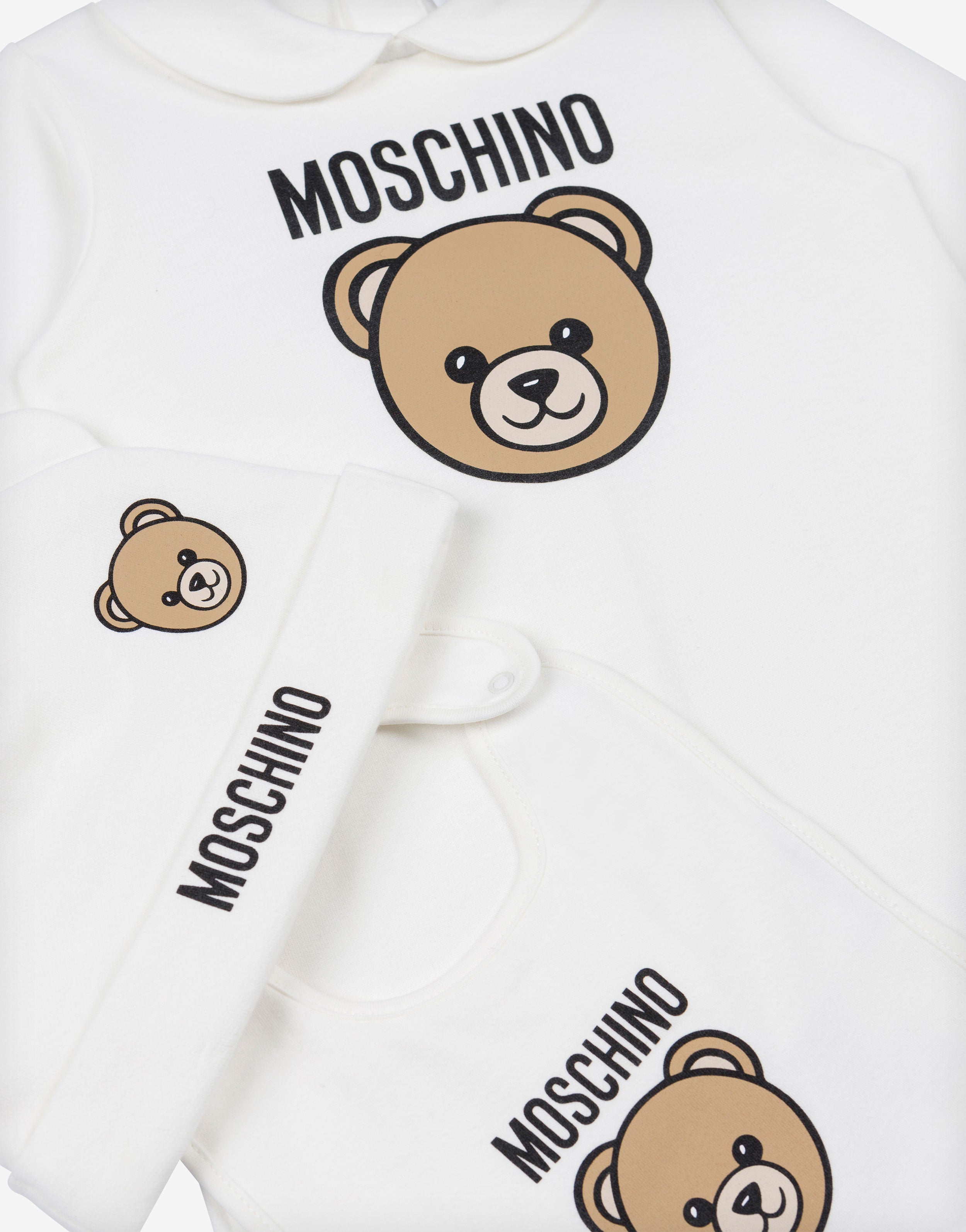 Moschino Teddy Bear cotton plush romper, hat and bib set | Moschino