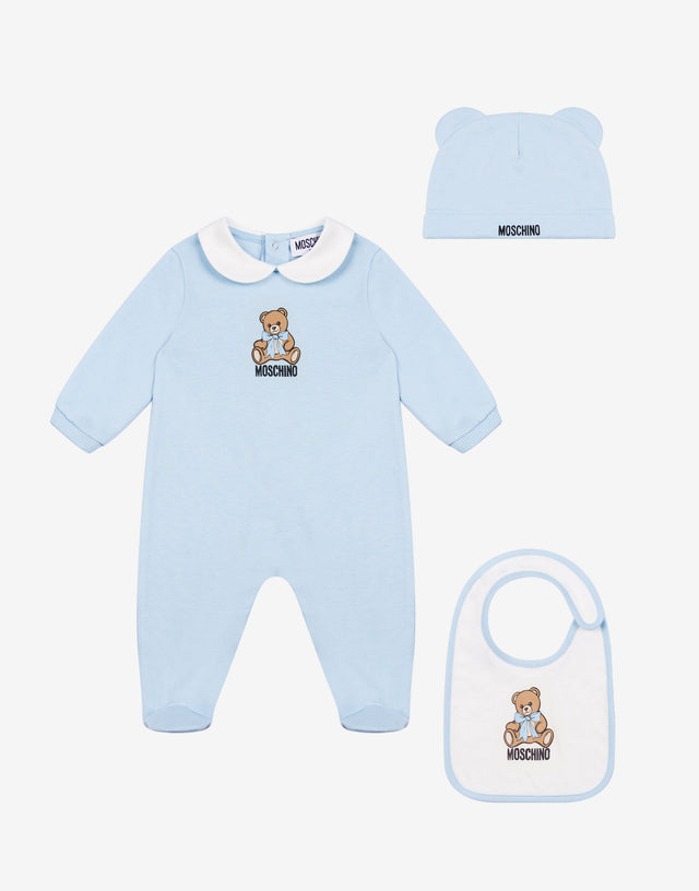 Conjunto de body, babero y gorrito de felpa de algodón Celeste Moschino 0