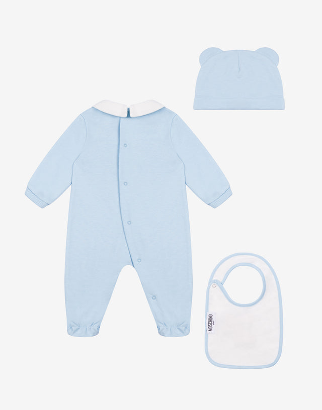 Conjunto de body, babero y gorrito de felpa de algodón Celeste Moschino 1