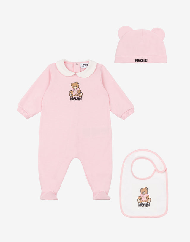 Conjunto de body, babero y gorrito de felpa de algodón Pink Moschino 0