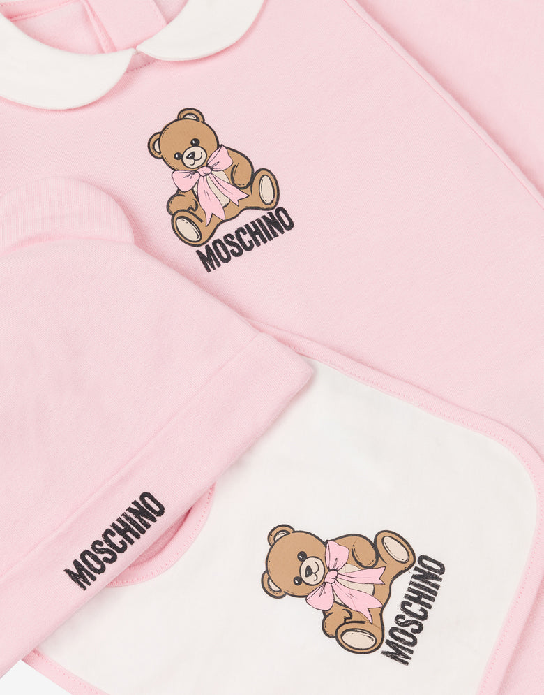 Ensemble composé d'une grenouillère, d'un bavoir et d'un bonnet en molleton de coton Rose Moschino 2