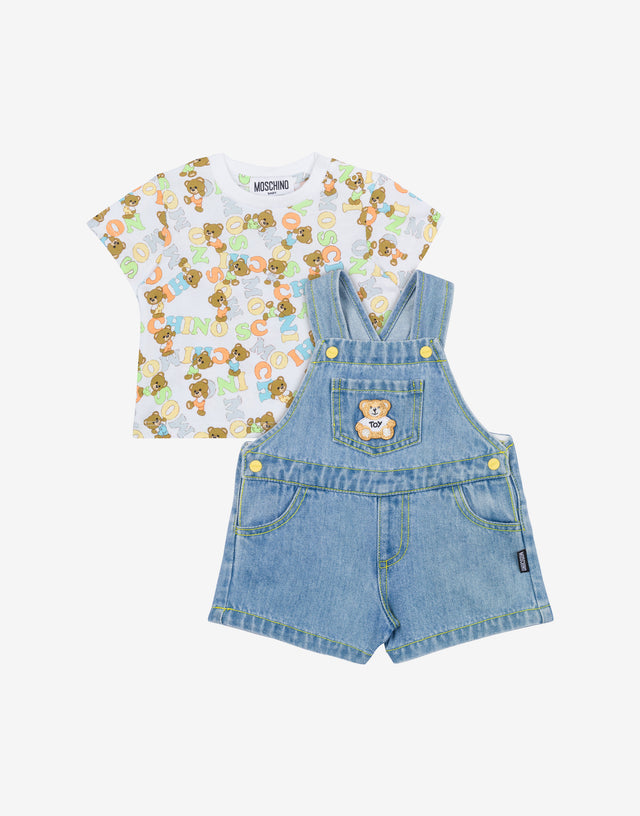 Completo t-shirt e salopette in denim Blu Denim Moschino 0