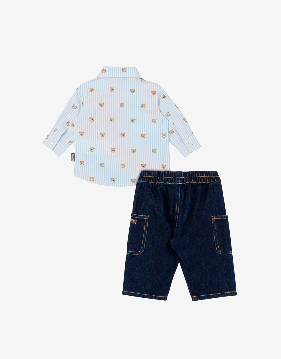 Completo camicia in popeline di cotone jacquard e pantalone in denim Denim scuro Moschino 1
