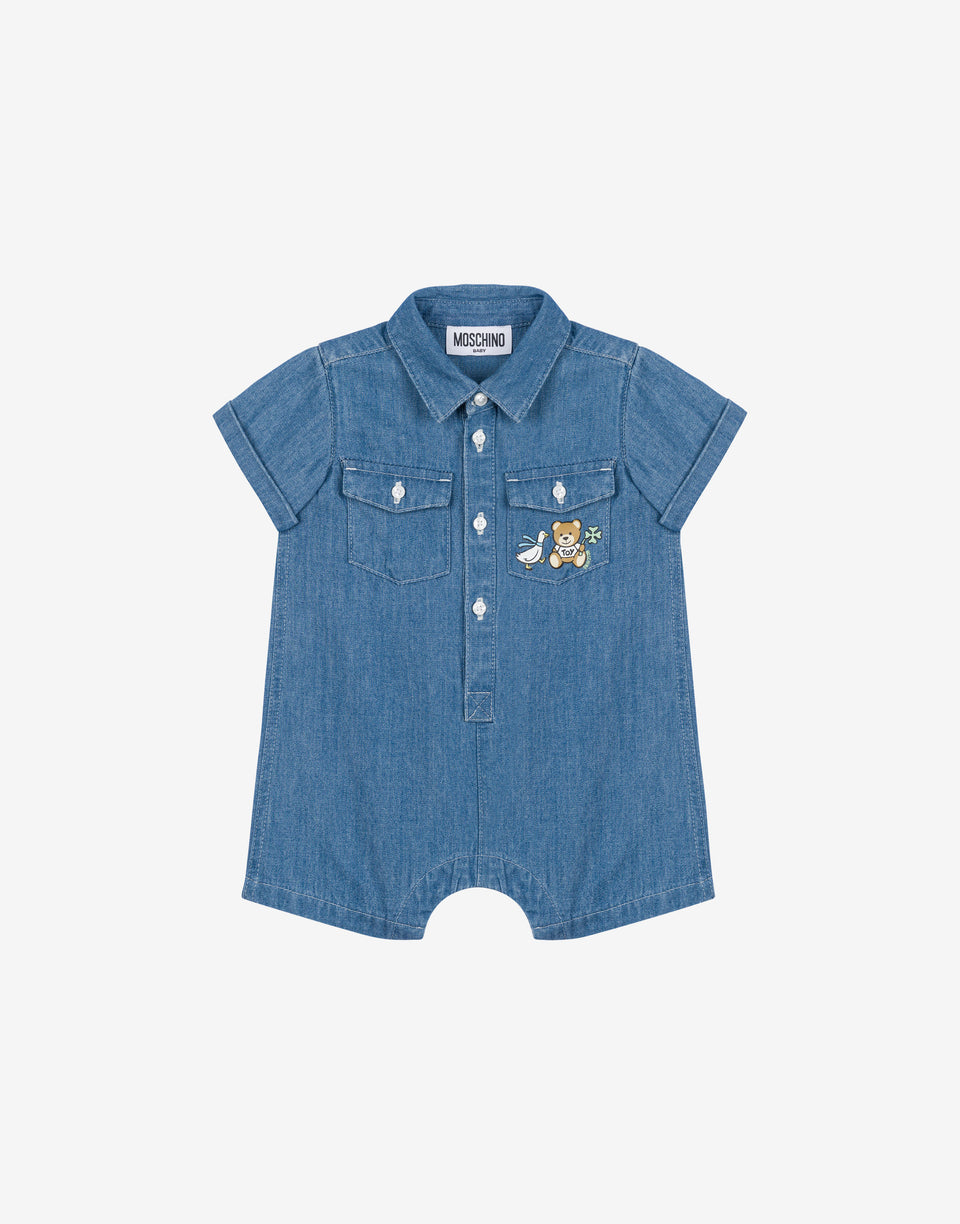 Short romper in chambray Goose & Teddy Bear Dark blue Moschino 0