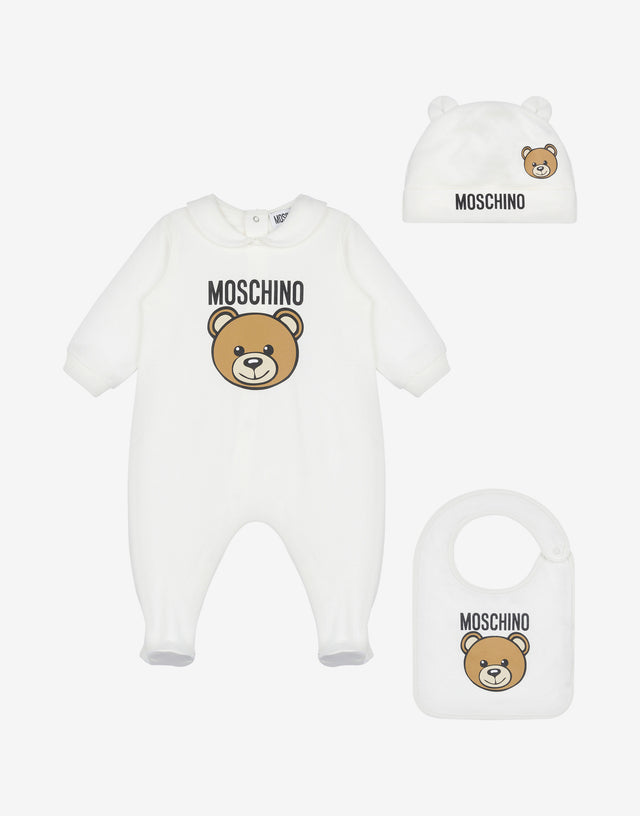 Set tutina, bavaglino e cappello in felpa Teddy Bear Bianco Moschino 0