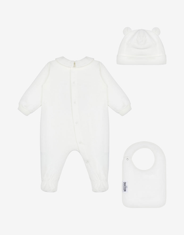 Set tutina, bavaglino e cappello in felpa Teddy Bear Bianco Moschino 1