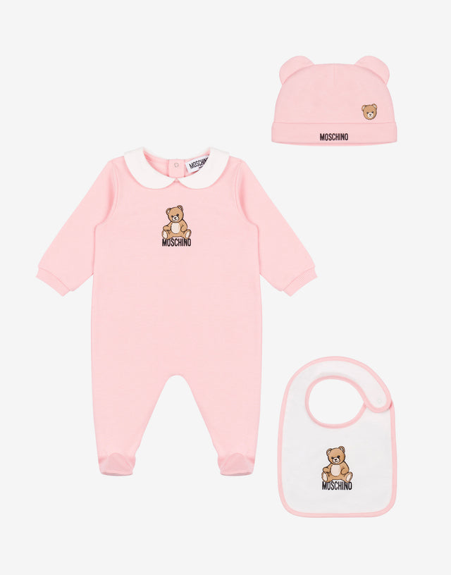 Set tutina, cappello e bavaglino in cotone Moschino Teddy Bear Rosa confetto Moschino 0