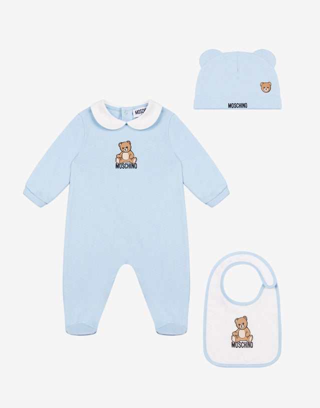 Set tutina, cappello e bavaglino in cotone Moschino Teddy Bear Azzurro Moschino 0