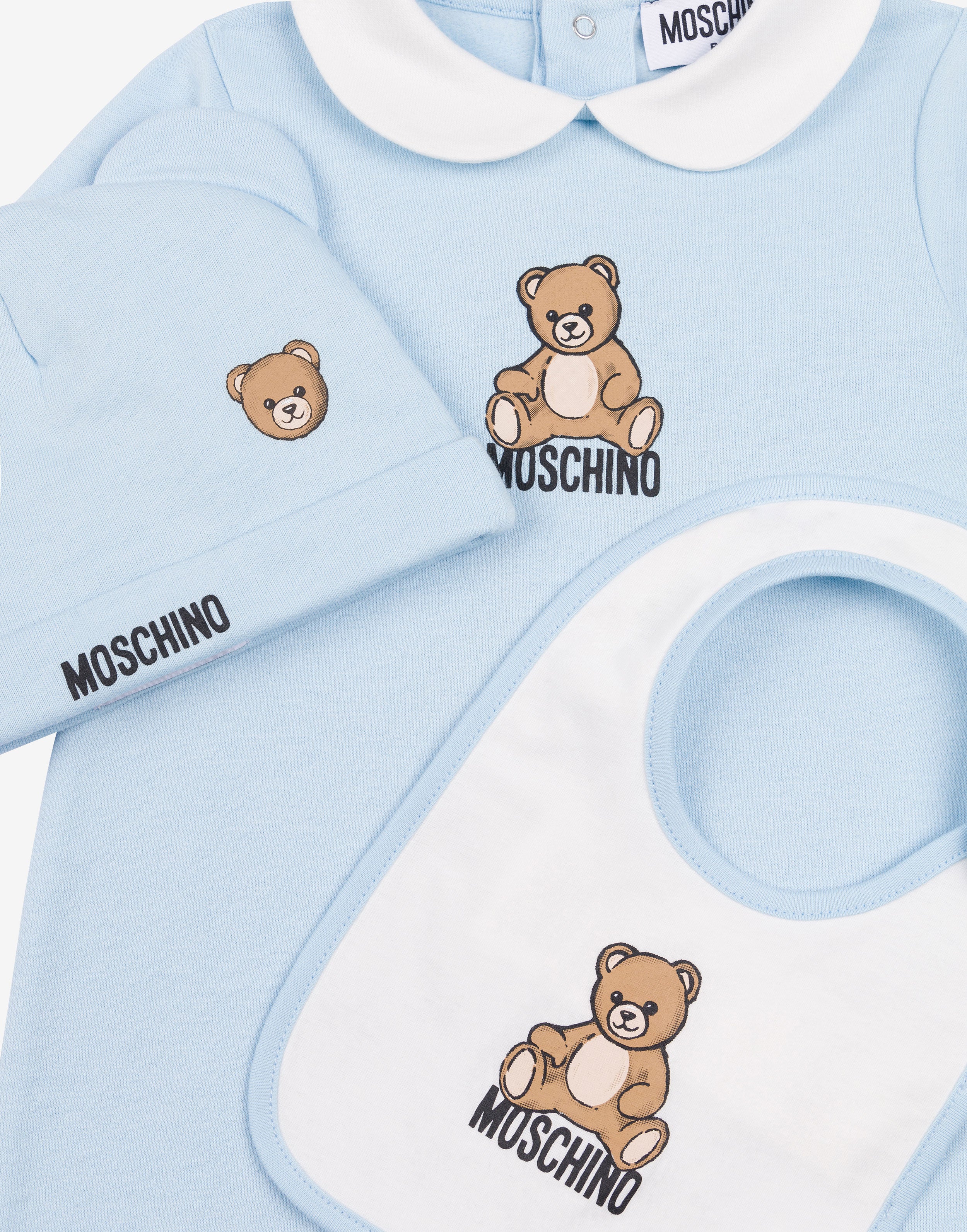 Moschino Teddy Bear cotton romper, hat and bib set | Moschino