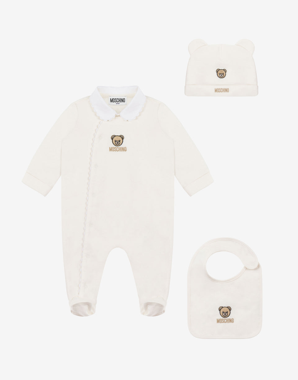 Moschino 泰迪熊毛绒连体衣、帽子和围嘴套装 象牙色 Moschino 0
