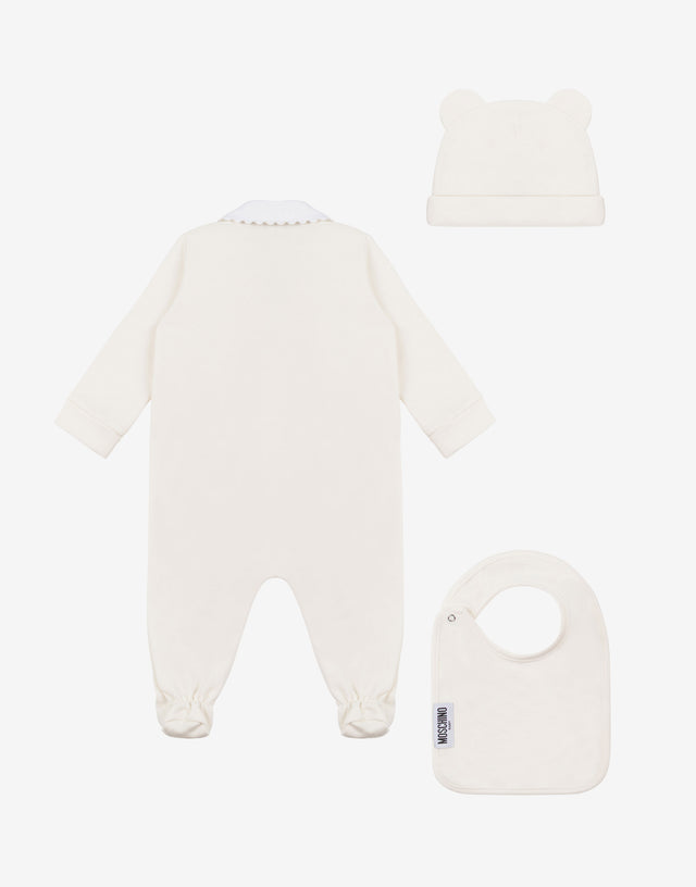 Moschino Teddy Bear plush onesie, hat and bib set Ivory Moschino 1