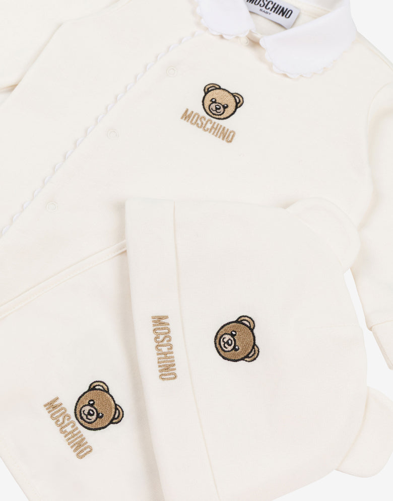 Moschino 泰迪熊毛绒连体衣、帽子和围嘴套装 象牙色 Moschino 2