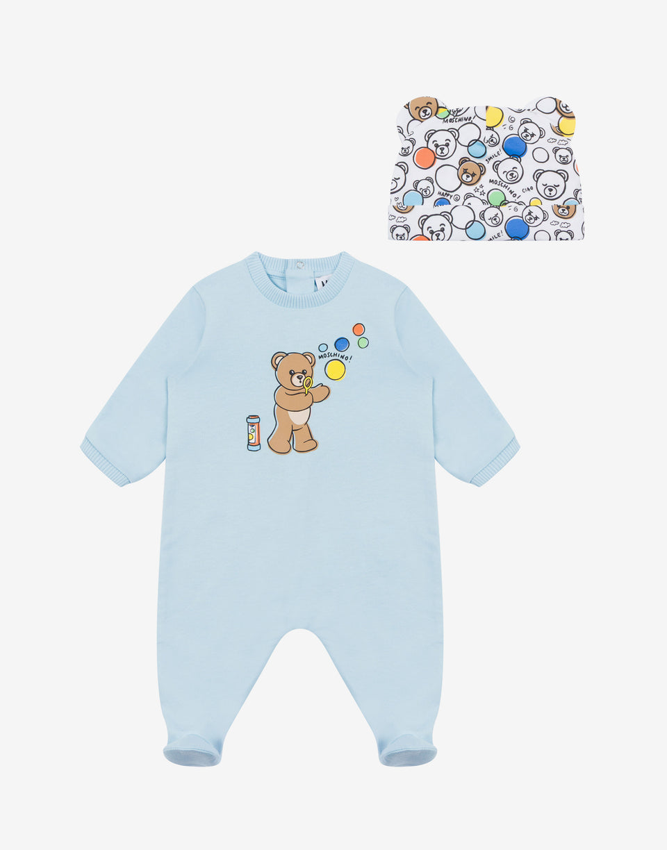 Strampler und Mütze aus Baumwollfleece Hellblau Moschino 0