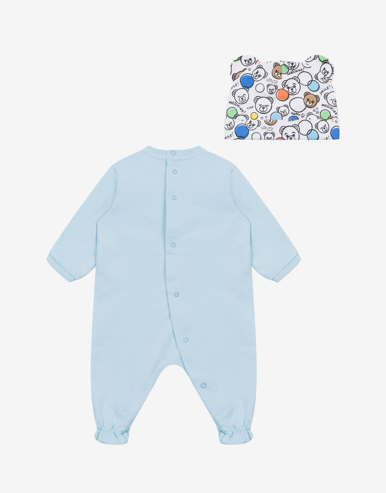 Strampler und Mütze aus Baumwollfleece Hellblau Moschino 1