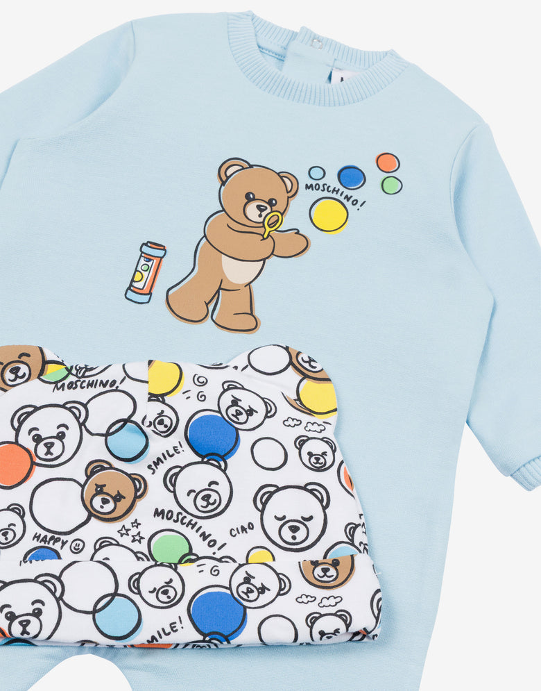 Strampler und Mütze aus Baumwollfleece Hellblau Moschino 2