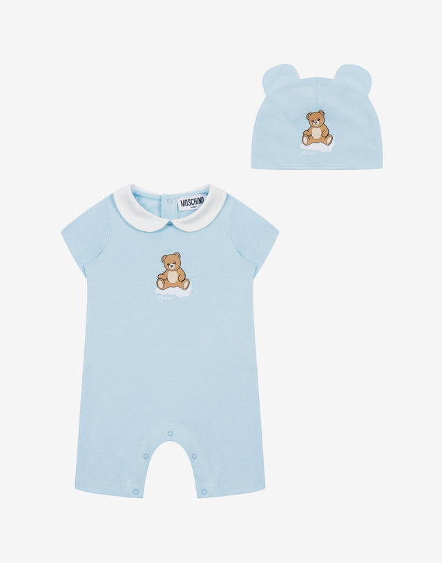 Set aus Strampler und Mütze aus Baumwolljersey Moschino Teddy Bear Hellblau Moschino 0