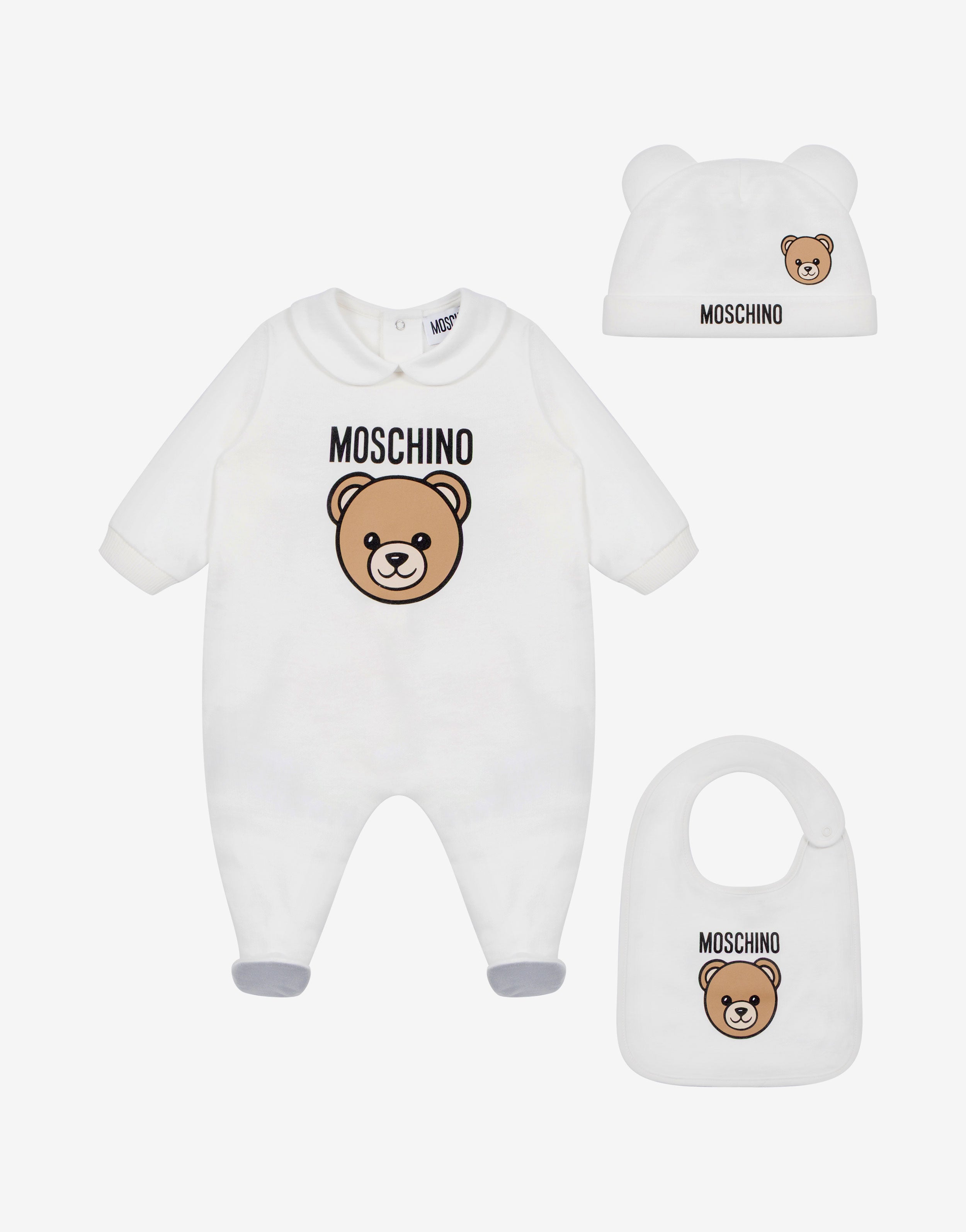 Ensemble combinaison, bonnet et bavoir Moschino Teddy Bear