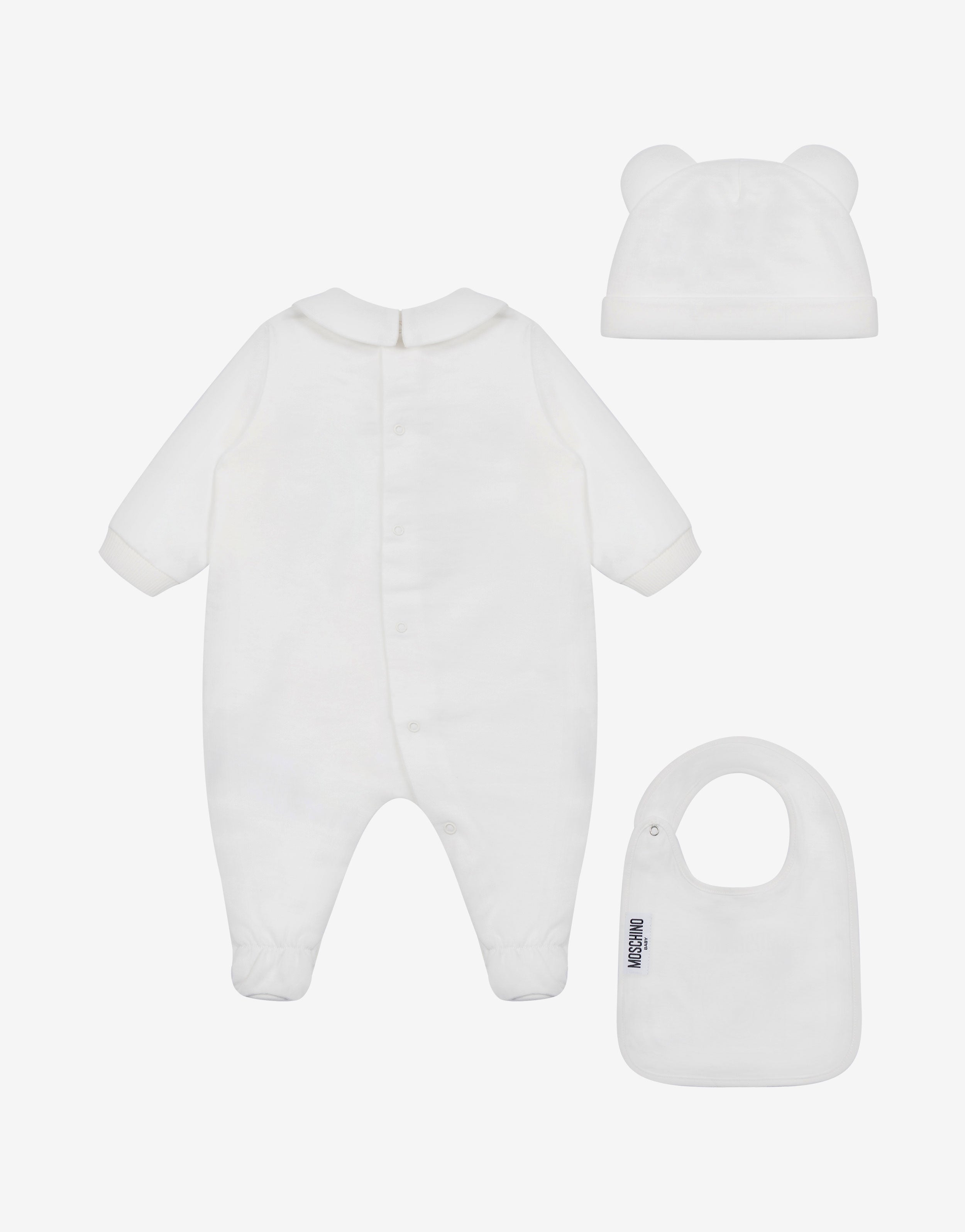 Moschino Teddy Bear onesie, hat, and bib set | Moschino
