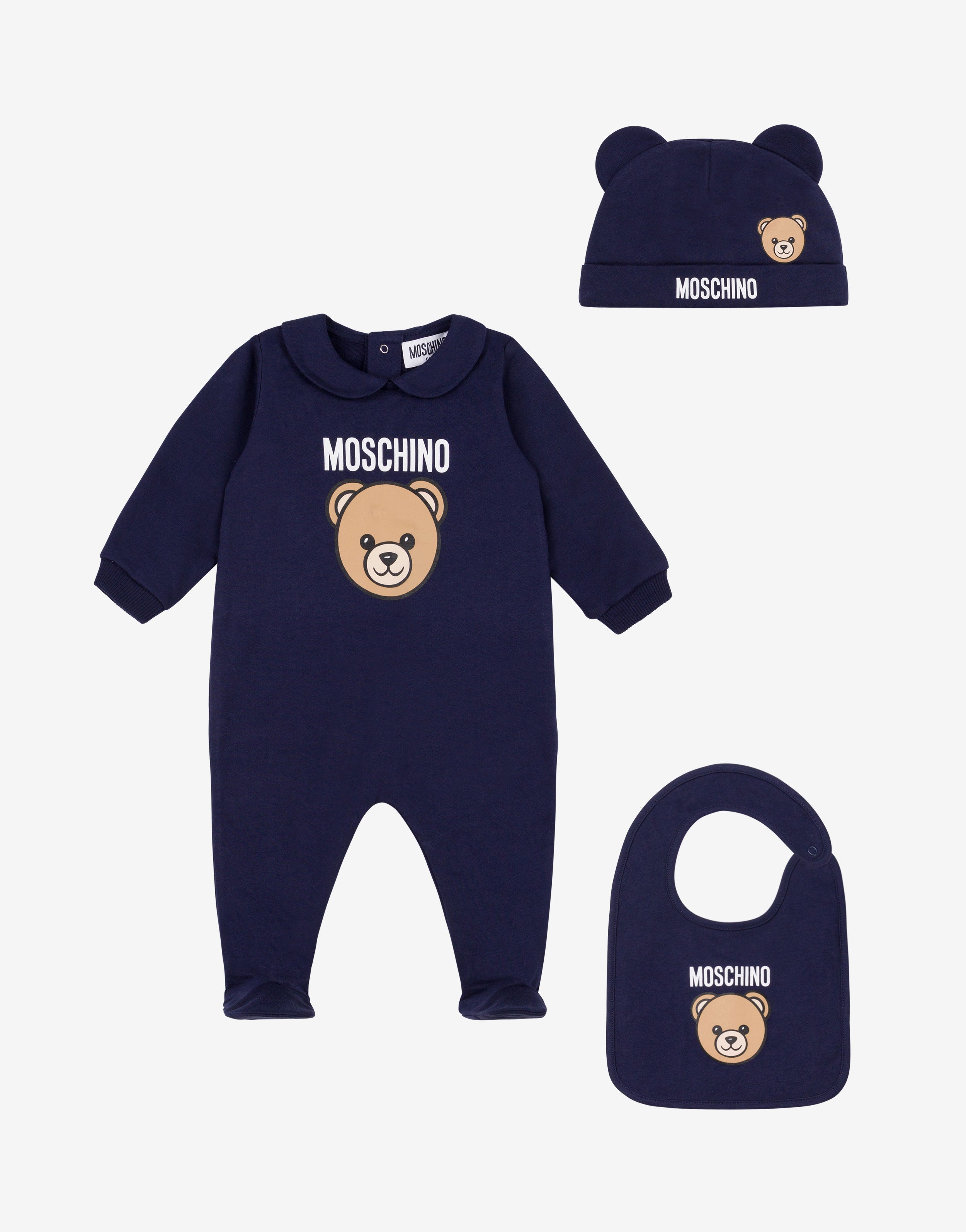 Moschino Teddy Bear Romper, Hat, and Bib Set