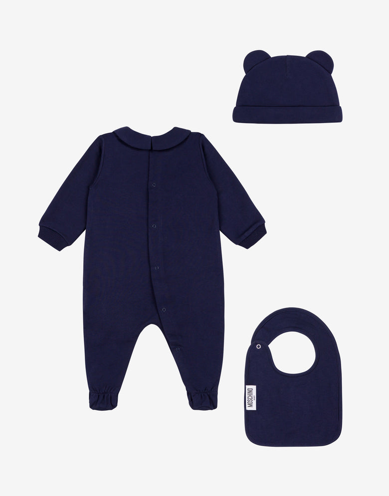 Moschino Teddy Bear Romper, Hat, and Bib Set Blue Moschino 1