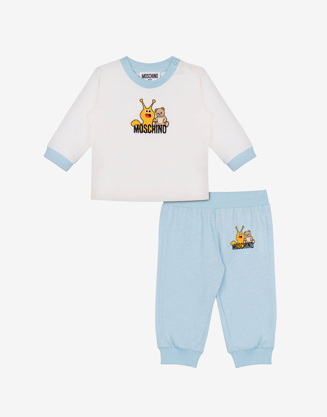 Completo t-shirt e pantalone in jersey di cotone stampato Azzurro Moschino 0