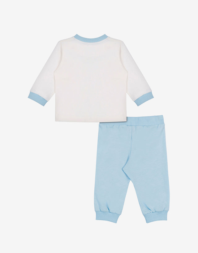 Completo t-shirt e pantalone in jersey di cotone stampato Azzurro Moschino 1