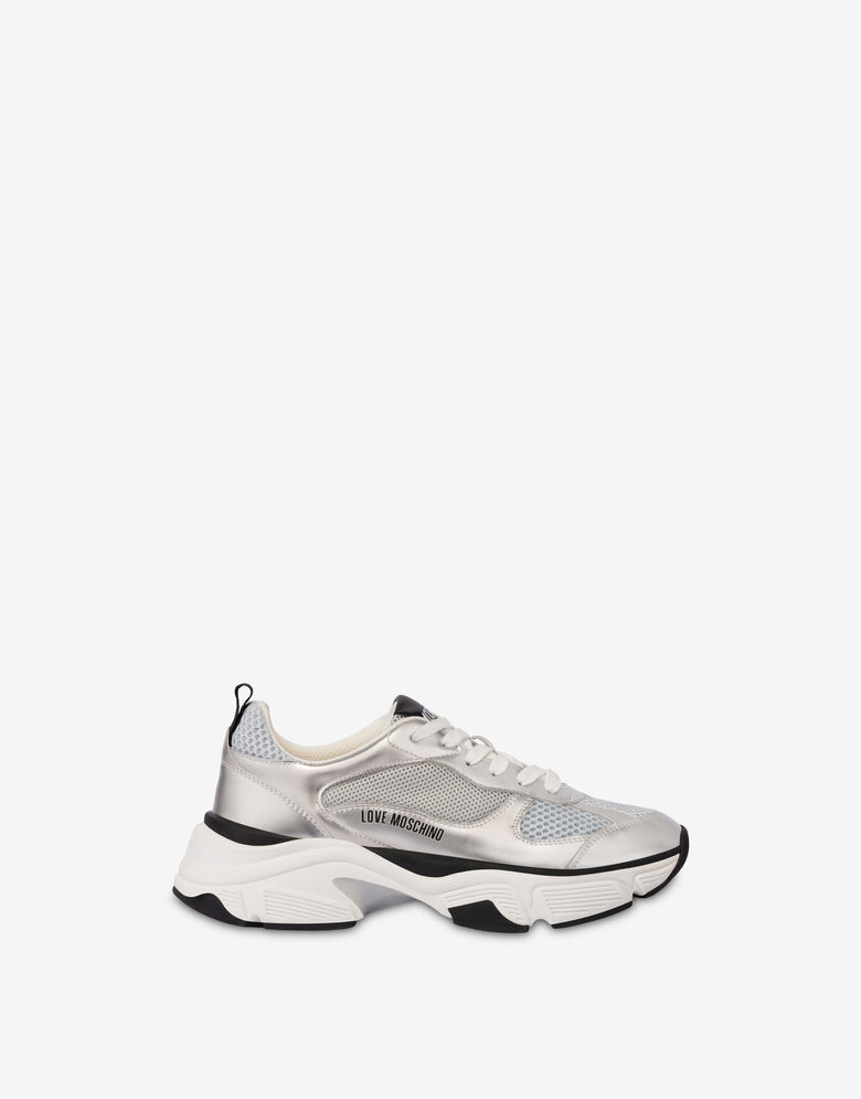 Laminate and mesh sneakers Silver Love Moschino 1