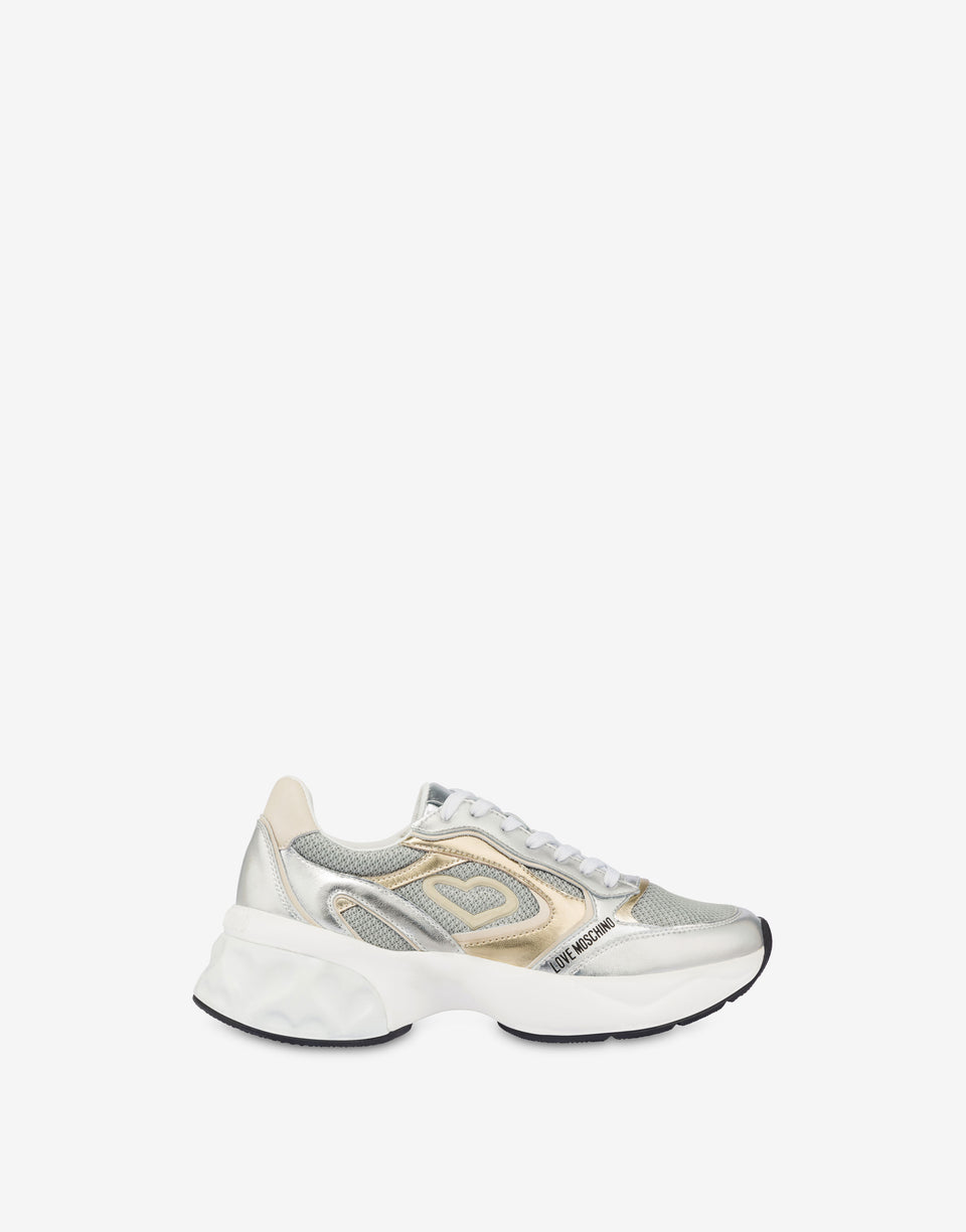 Sneakers en veau laminé et maille Crystal Love Argent Love Moschino 1