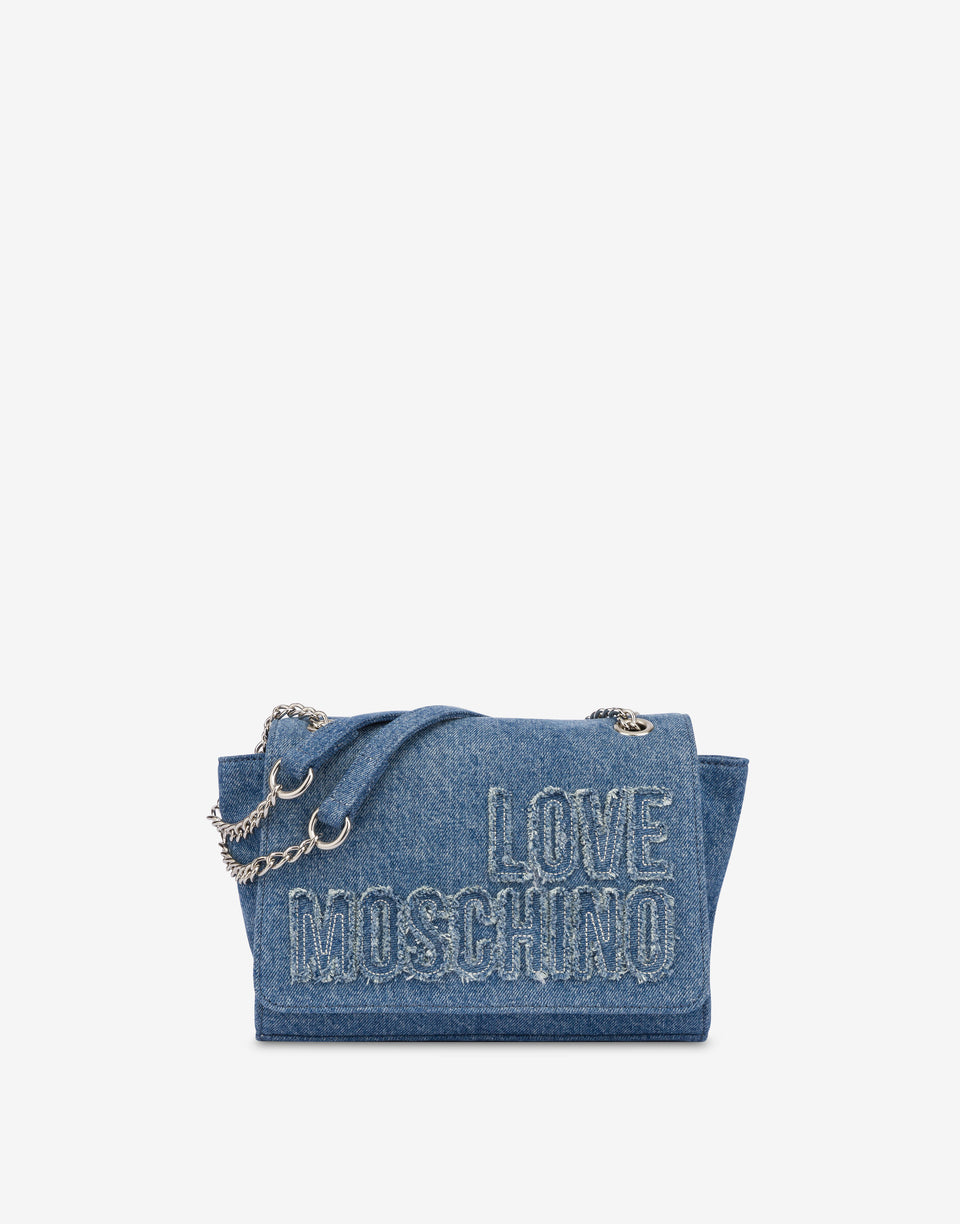 Shoulder bag in denim with patch logo Dark denim Love Moschino 0