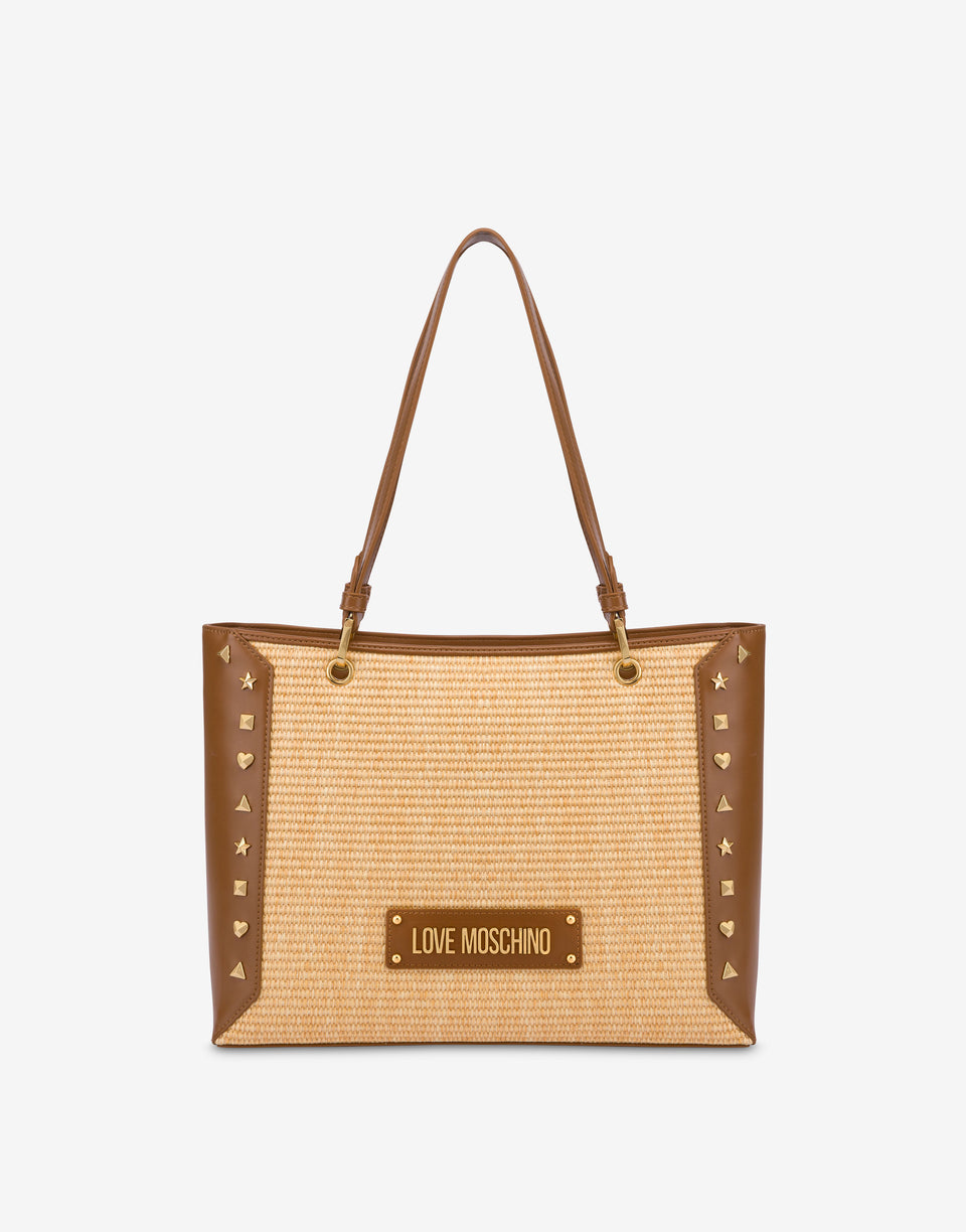 Shopper in raffia with studs Beige Love Moschino 0